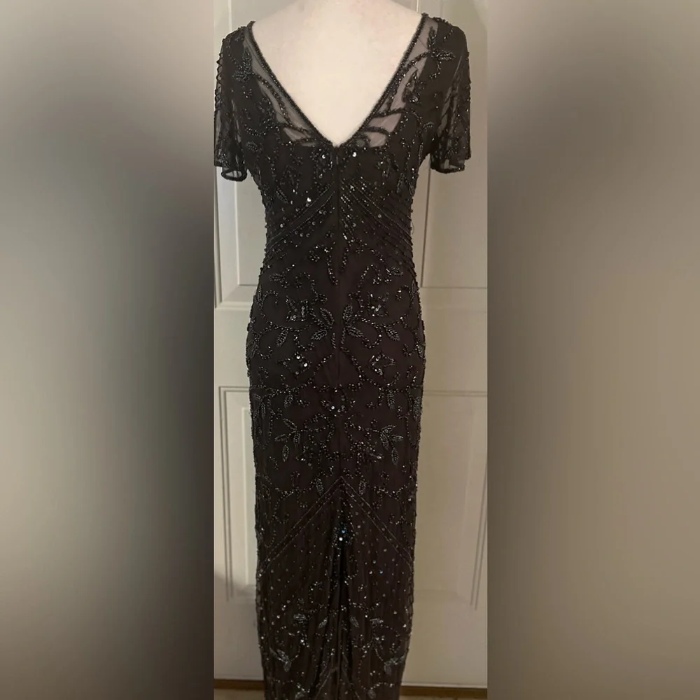 Pisarro Nights Cosmic Navy Beaded Gray Mesh Column  Formal Party Gown Size 4 - Picture 4 of 11